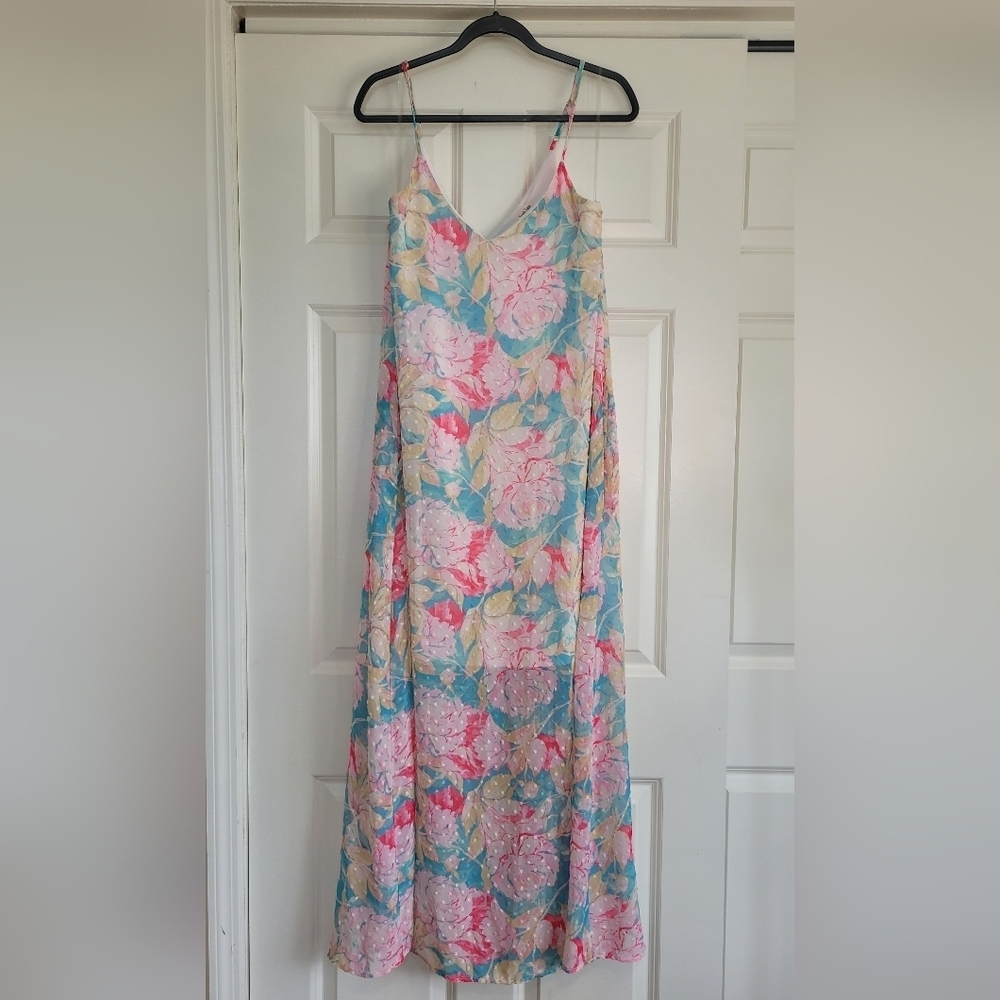 Peach Love California Pink, Blue, and Yellow Floral Print Maxi Dress - Size S